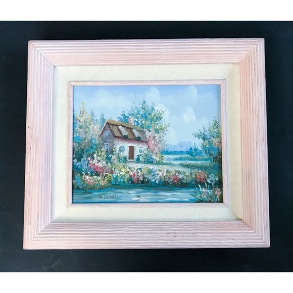 Floral Garden Cottage Oil Painting Art In Pink Painted Frame Fairy Grandma Core - Picture 1 of 7